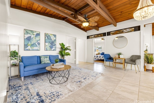 living room with ceiling fan, lofted ceiling with beams, wood ceiling, and light tile patterned floors