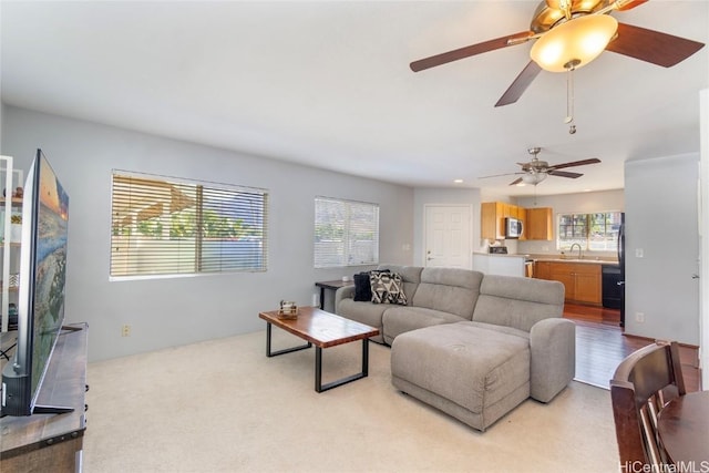 carpeted living room featuring sink