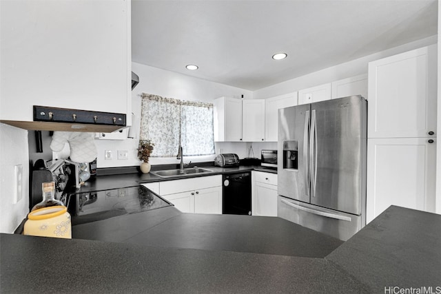 kitchen with dishwasher, stainless steel fridge with ice dispenser, white cabinets, and sink