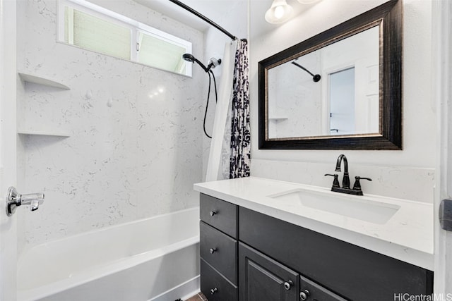 bathroom featuring vanity and shower / bathtub combination with curtain