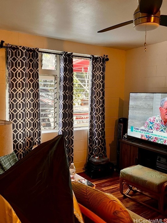 interior space with ceiling fan