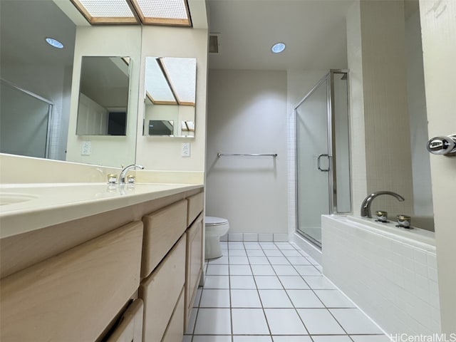 full bathroom with separate shower and tub, tile patterned flooring, vanity, and toilet