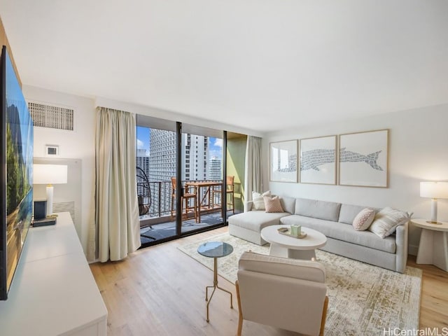 living room featuring light hardwood / wood-style flooring and expansive windows