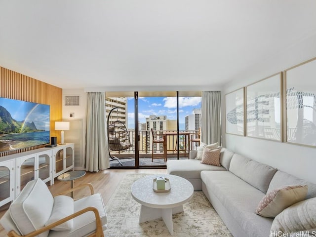 living room featuring floor to ceiling windows and light wood-type flooring