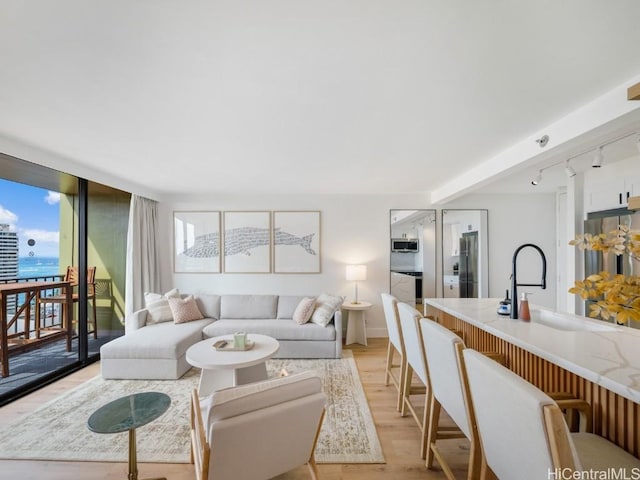 living room featuring light hardwood / wood-style flooring, a wall of windows, and sink