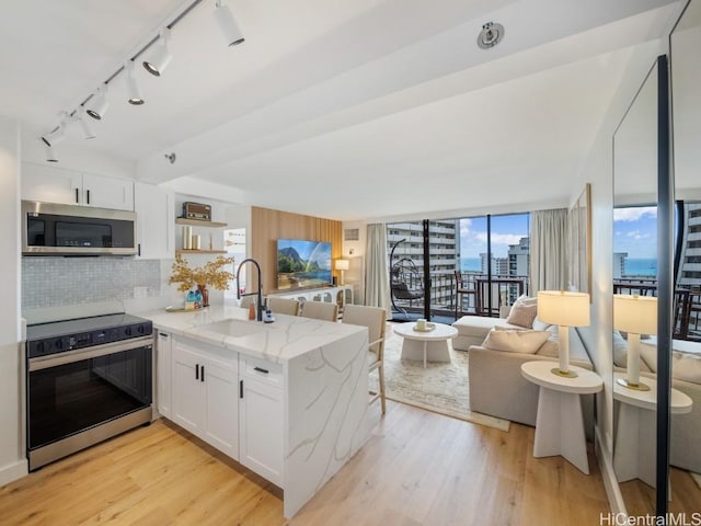 kitchen featuring light stone countertops, appliances with stainless steel finishes, tasteful backsplash, sink, and white cabinetry