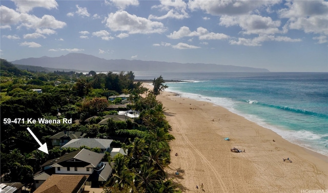 bird's eye view with a water and mountain view and a beach view
