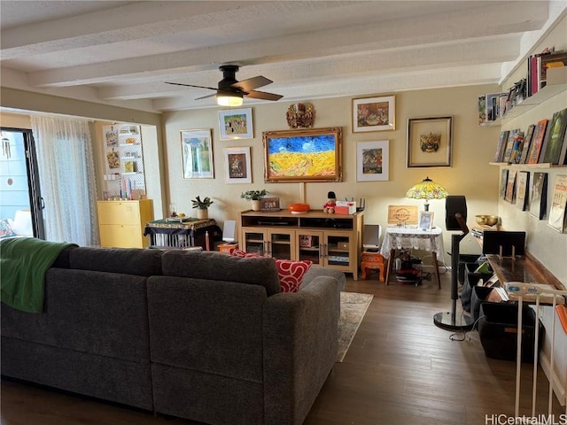 living room featuring ceiling fan, dark hardwood / wood-style flooring, and beamed ceiling