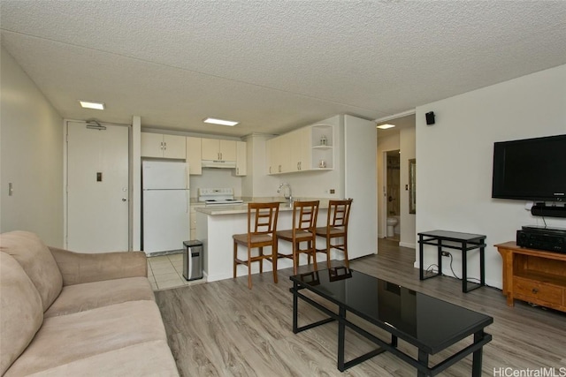 living room with sink, a textured ceiling, and light wood-type flooring