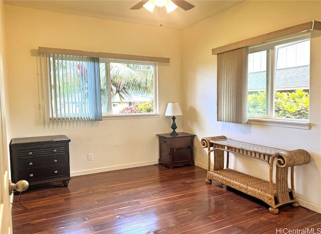 living area with dark hardwood / wood-style floors and ceiling fan