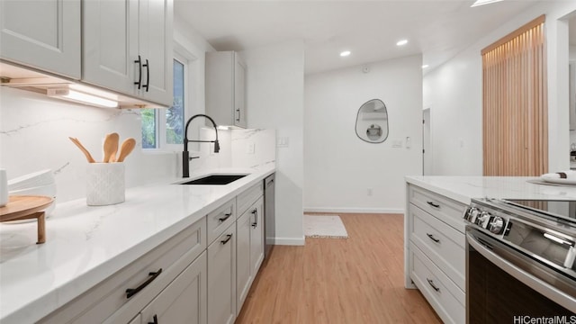 kitchen featuring stainless steel range with electric cooktop, sink, white cabinetry, light stone counters, and light hardwood / wood-style flooring