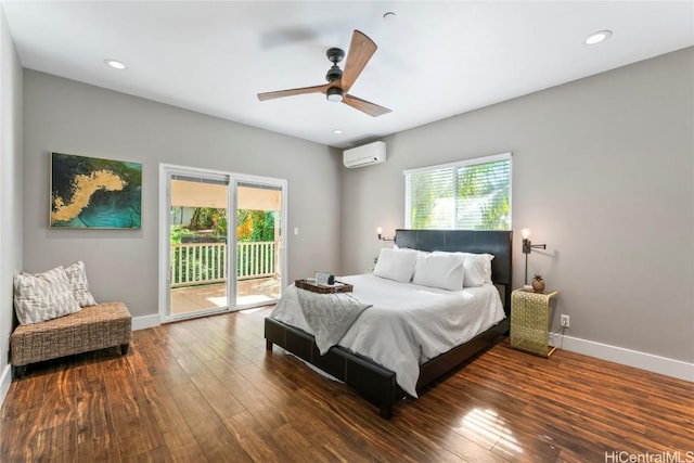 bedroom with access to outside, a wall unit AC, ceiling fan, and dark hardwood / wood-style floors