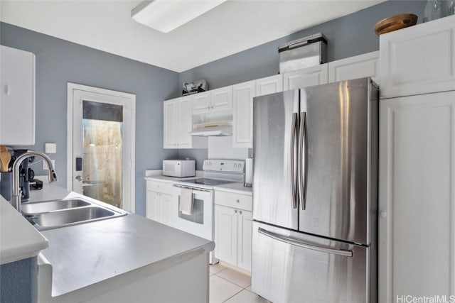 kitchen with white cabinetry, sink, and white appliances