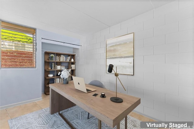 home office with light tile patterned floors