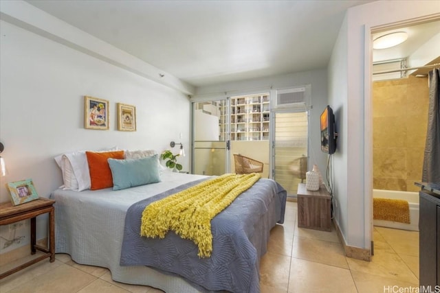 bedroom featuring an AC wall unit and tile patterned flooring