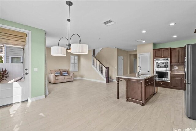 kitchen featuring a center island with sink, sink, decorative light fixtures, a kitchen bar, and stainless steel appliances