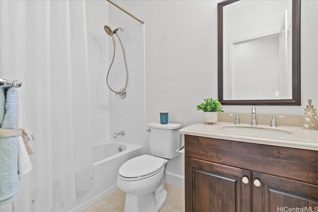 full bathroom with toilet, tile patterned floors, vanity, and shower / tub combo with curtain