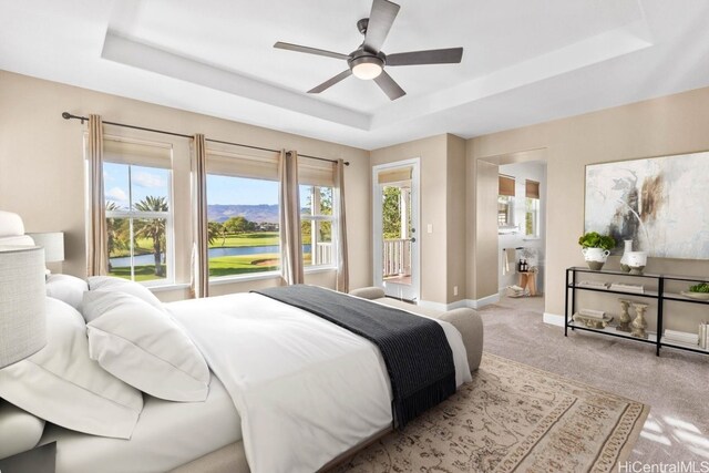 bedroom with multiple windows, a raised ceiling, and ceiling fan