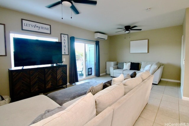 tiled living room with an AC wall unit and ceiling fan