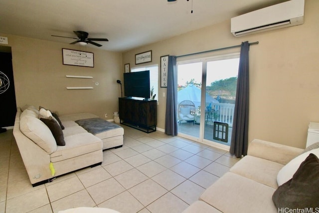 living room featuring ceiling fan, light tile patterned floors, and a wall mounted air conditioner