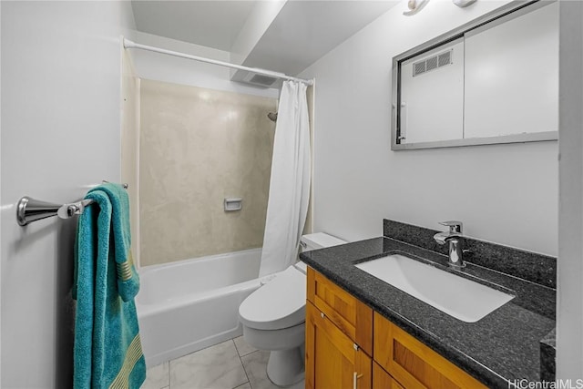 full bathroom featuring tile patterned flooring, vanity, toilet, and shower / tub combo with curtain