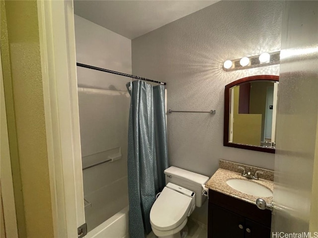 full bathroom with shower / bath combination with curtain, toilet, and vanity