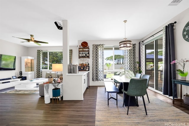 dining space featuring ceiling fan with notable chandelier and dark hardwood / wood-style floors