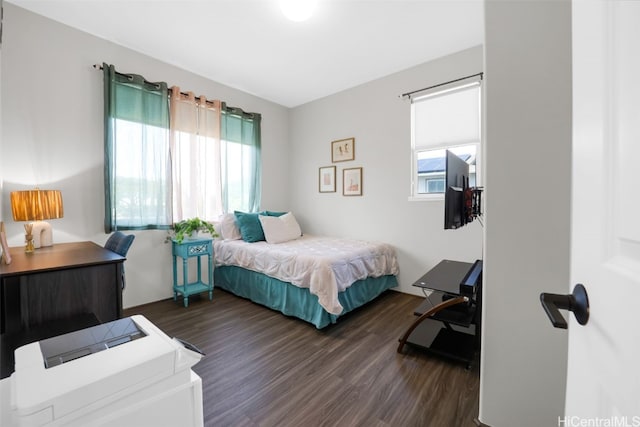 bedroom with dark hardwood / wood-style floors and multiple windows