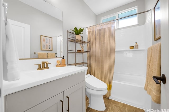 full bathroom featuring tile patterned flooring, shower / tub combo, vanity, and toilet