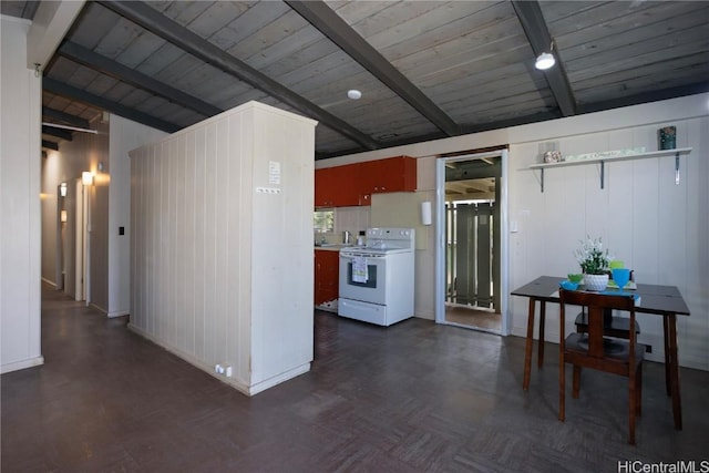 kitchen with electric range, lofted ceiling with beams, dark parquet flooring, and wood ceiling