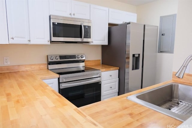 kitchen with butcher block countertops, sink, stainless steel appliances, and electric panel