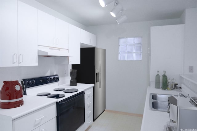 kitchen featuring range with electric stovetop, light floors, light countertops, under cabinet range hood, and white cabinets