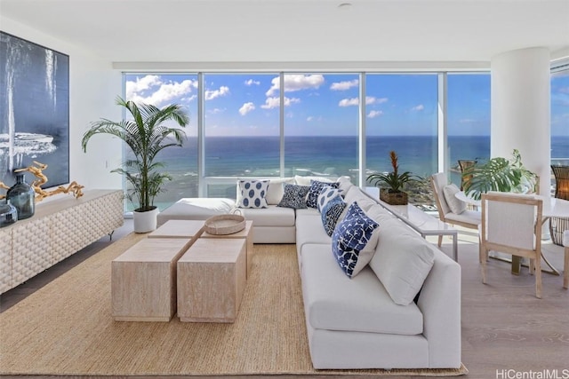 living room featuring floor to ceiling windows, light hardwood / wood-style flooring, and a water view