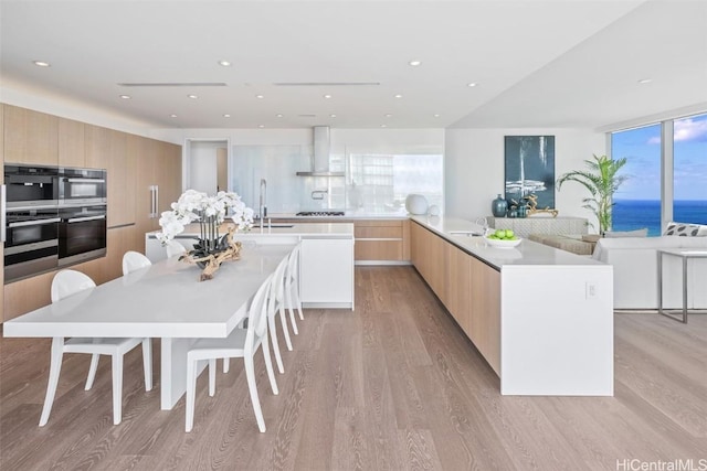 kitchen featuring light hardwood / wood-style floors, a water view, wall chimney range hood, and sink