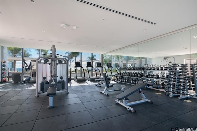 gym with a wall of windows