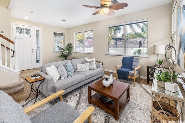 living room with ceiling fan and wood-type flooring