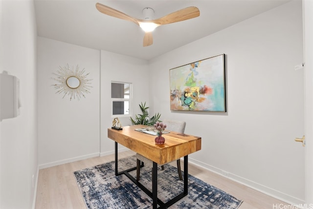 office space featuring ceiling fan and light hardwood / wood-style floors