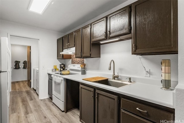 kitchen featuring dark brown cabinets, sink, white appliances, and light wood-type flooring