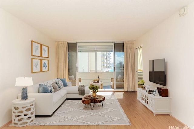 living room with floor to ceiling windows and wood finished floors