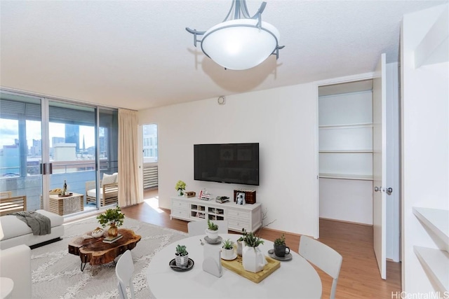 living room with floor to ceiling windows and wood finished floors