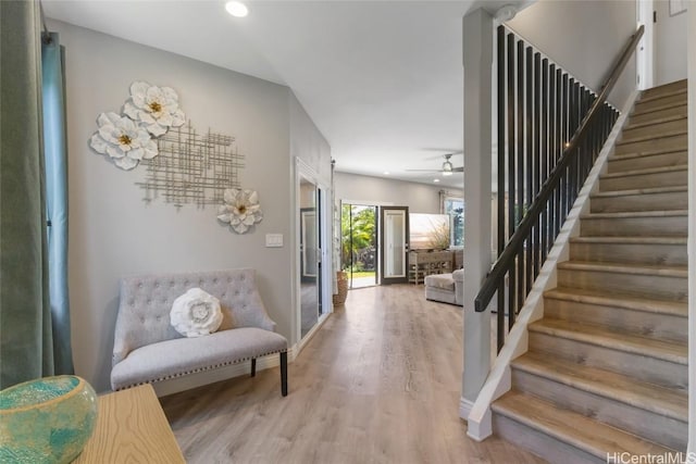 entryway featuring light hardwood / wood-style floors and ceiling fan