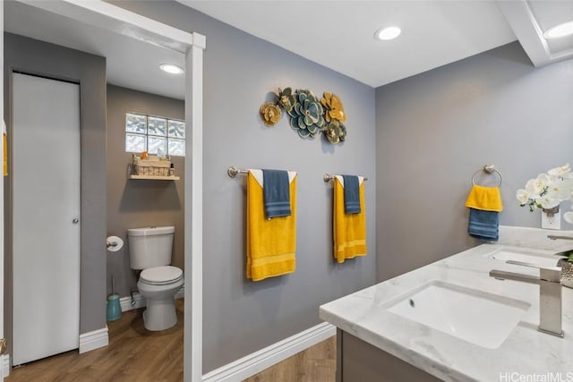 bathroom featuring vanity, toilet, and hardwood / wood-style floors