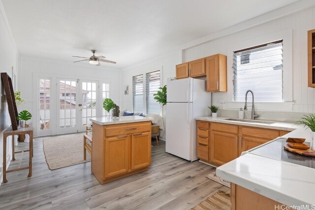 kitchen with ceiling fan, sink, white fridge, light wood-type flooring, and ornamental molding