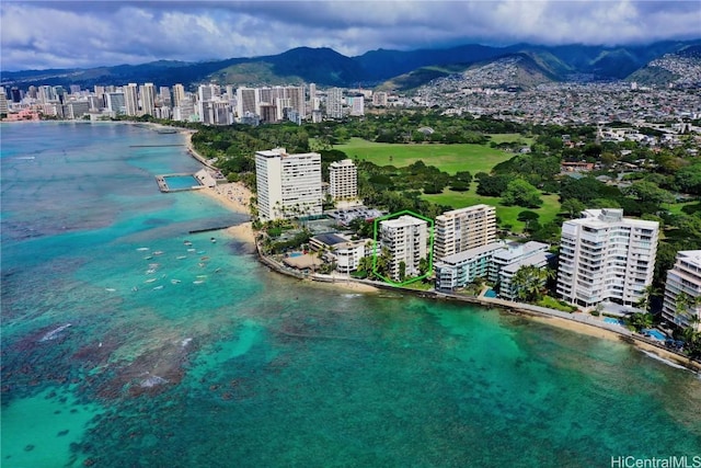 bird's eye view with a view of city and a water and mountain view