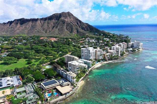 bird's eye view with a view of city and a water and mountain view