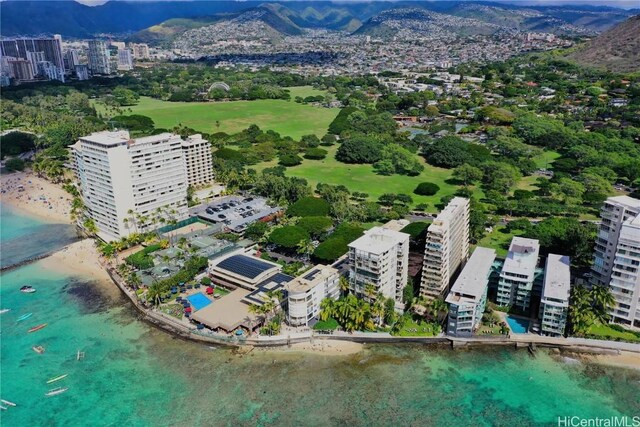 aerial view with a water and mountain view