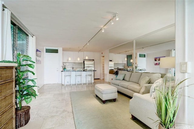 living room featuring stone finish floor and track lighting