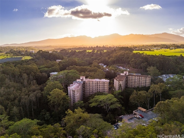 aerial view at dusk featuring a mountain view