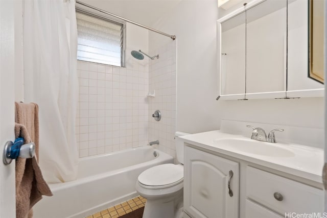 full bathroom with toilet, tile patterned floors, vanity, and shower / bathtub combination with curtain