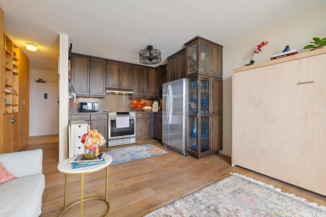 kitchen featuring dark brown cabinets, decorative backsplash, stainless steel appliances, and light hardwood / wood-style flooring